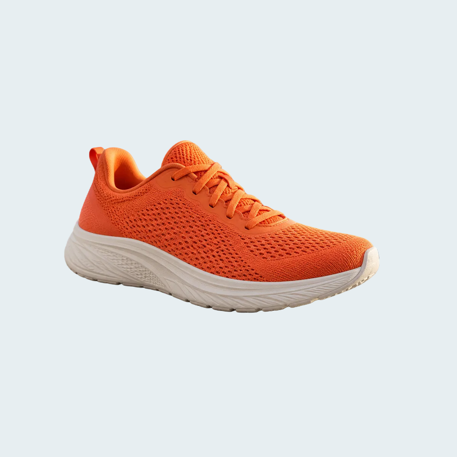 Orange running shoe in a square frame